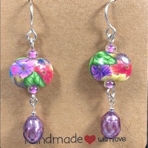 ARTISAN CLAY EARRING - 925 STERLING SILVER DANGLE FLOWER LENTIL BEADS